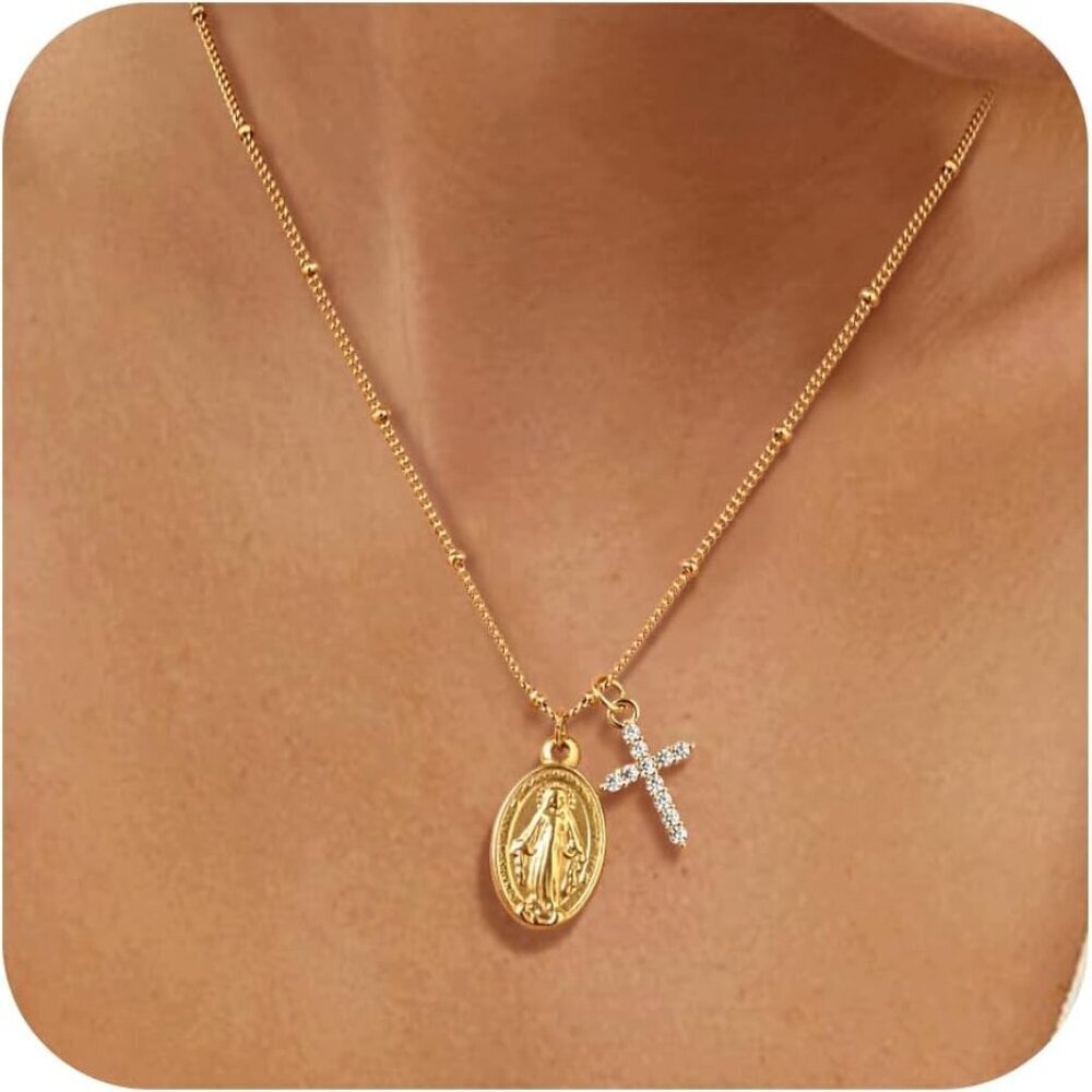 Virgin Mary Cross Necklace Gold Plated Faith Jewelry Catholic Gift for Her